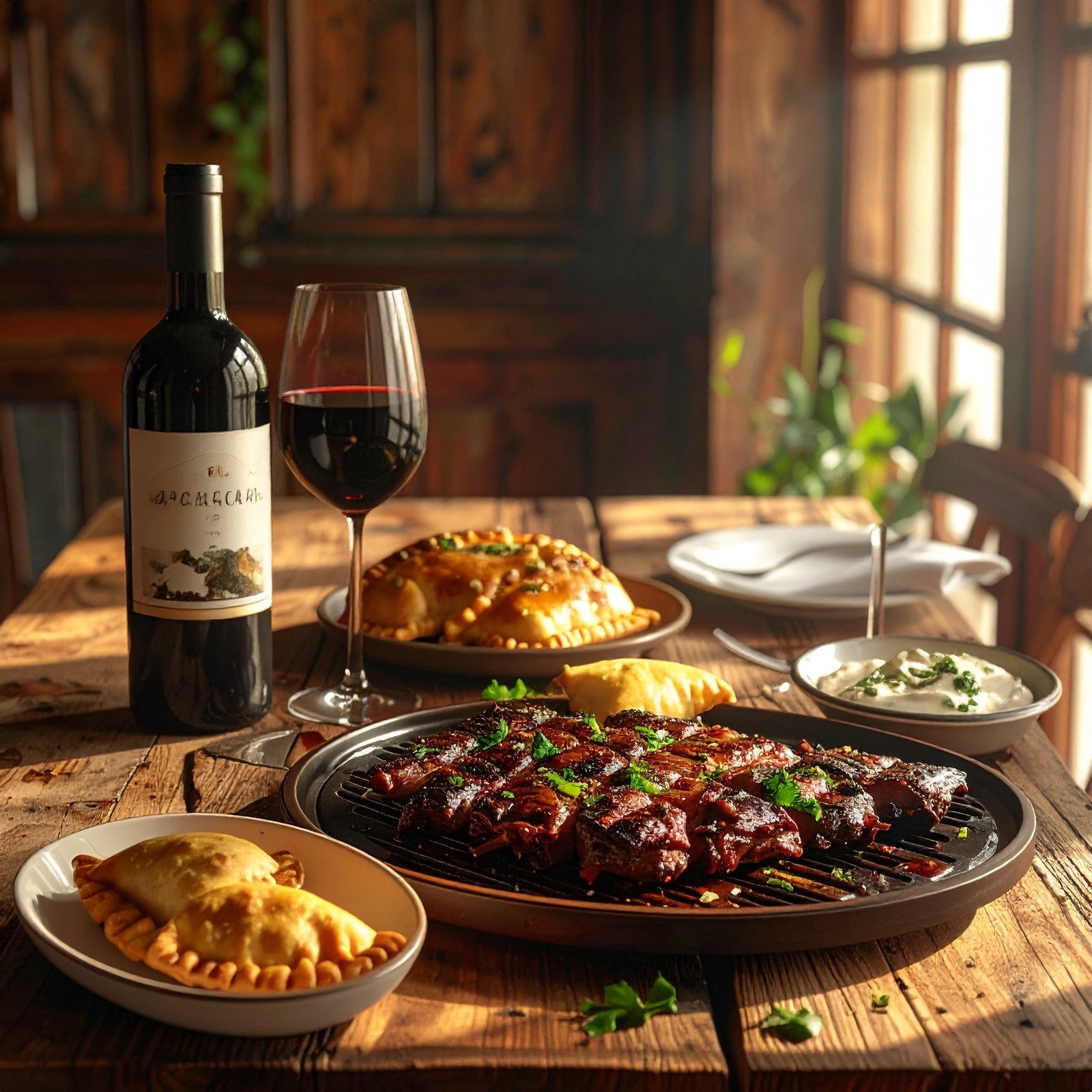 Firefly_Fotografía realista de una mesa típica argentina con asado, empanadas y vino Malbec, 450647